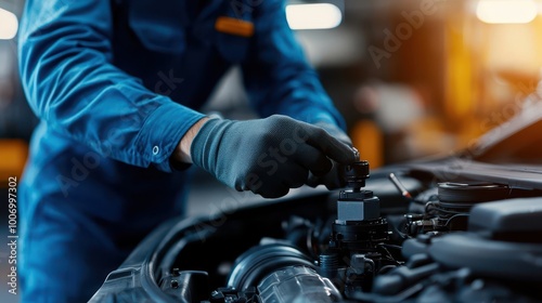 Mechanic tuning an internal combustion engine in a high-tech garage, precision tuning, performance optimization photo