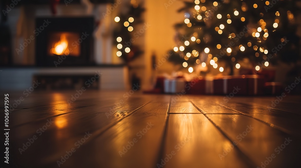 Christmas and New Year background with Christmas tree and fireplace in defocus Christmas and New Year background with Christmas tree and fireplace in defocus