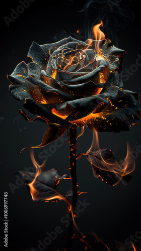 Black Rose on Fire: A single black rose engulfed in flames against a dark backdrop. Its petals are consumed by fire, creating a surreal and mesmerizing image of beauty and destruction.  