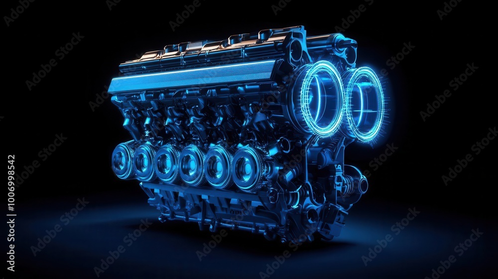 Cross-section of a high-performance internal combustion engine with digital overlays of power output, engine design, mechanical innovation
