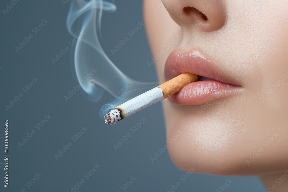 Fototapeta premium Smoke and Mirrors: A close-up shot of a woman's lips as she inhales from a cigarette, the smoke wisping gently around her face. This image evokes a sense of mystery and intrigue.