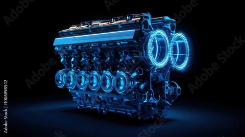 Cross-section of a high-performance internal combustion engine with digital overlays of power output, engine design, mechanical innovation