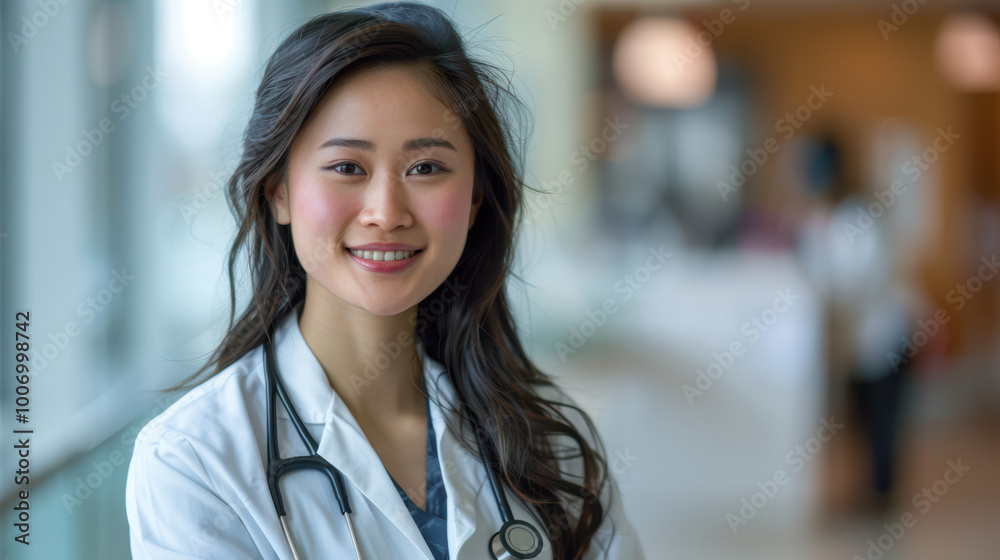Confident Doctor Portrait: A smiling Asian female doctor in a white coat with a stethoscope, exuding professionalism and care. Confident Doctor Portrait: A smiling Asian female doctor in a white coat with a stethoscope, exuding professionalism and care.