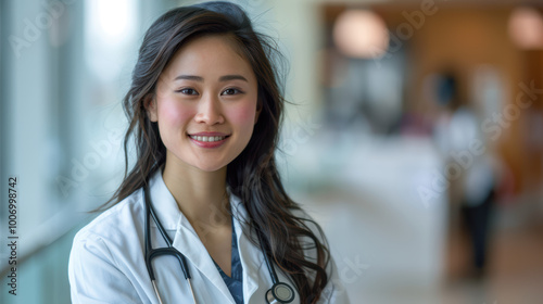 Confident Doctor Portrait: A smiling Asian female doctor in a white coat with a stethoscope, exuding professionalism and care. 