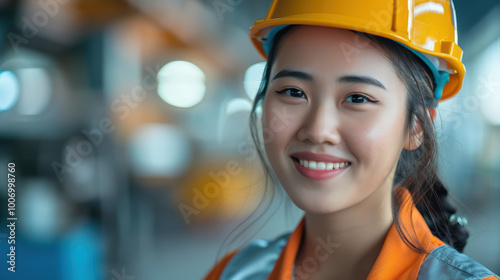 Confident Engineer:Portrait of a smiling female engineer in a hard hat