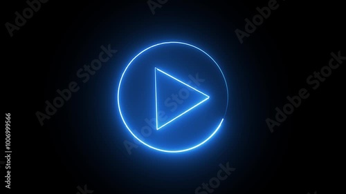 Glowing blue youtube music play button on black background Neon glowing circle.