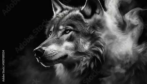 wolf head portrait, side view of  Mystical Shadows: Grey Wolf in Digital Smoke