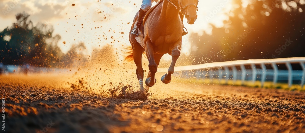 Obraz premium A brown racehorse gallops down a dirt track, kicking up dust with its hooves as it races towards the finish line in the golden hour.