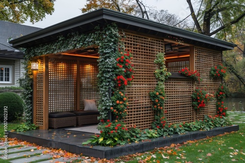 Sukkah symbolic temporary hut gazebo for celebration of Jewish Holiday Sukkot photo