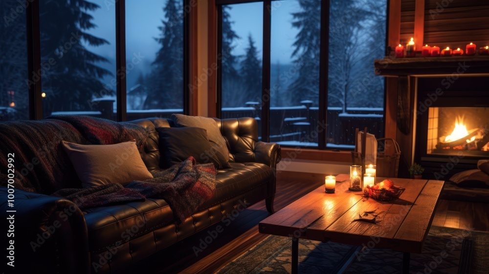 Cozy Cabin Interior with Fireplace and Snowy View Cozy Cabin Interior with Fireplace and Snowy View