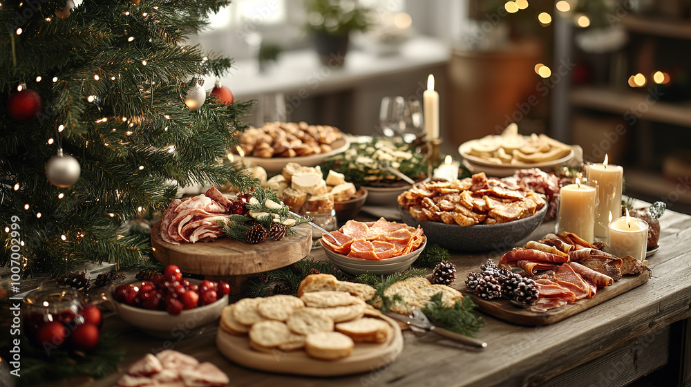 Naklejka premium festive table with various dishes near the Christmas tree