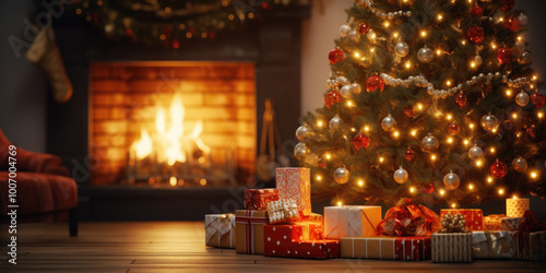 Christmas tree with red and gold baubles is illuminating presents by the fireplace, creating a cozy atmosphere. The warm lights of the tree and the fireplace bring a magical ambiance