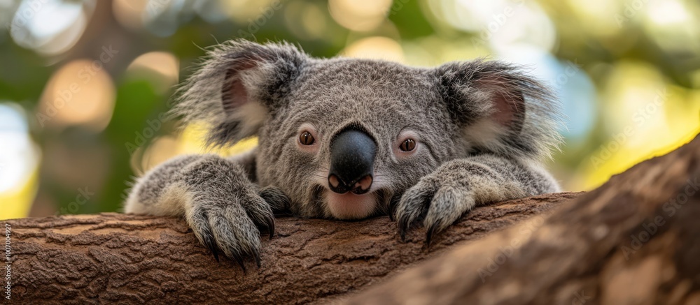 Fototapeta premium A close-up of a koala looking at the camera with its paws resting on a tree branch.