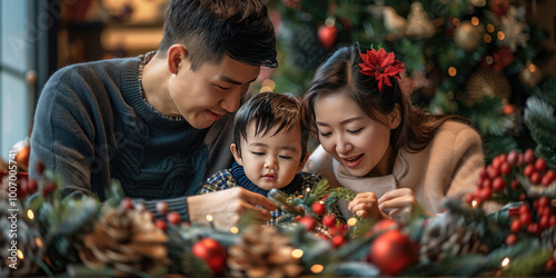 Asian family is making christmas decorations together at home, they are enjoying their family time during the holidays. Banner