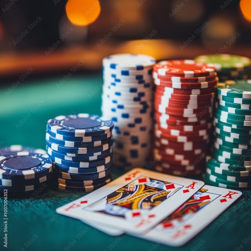 Poker chips and playing cards on green casino table with blurred background Poker chips and playing cards on green casino table with blurred background