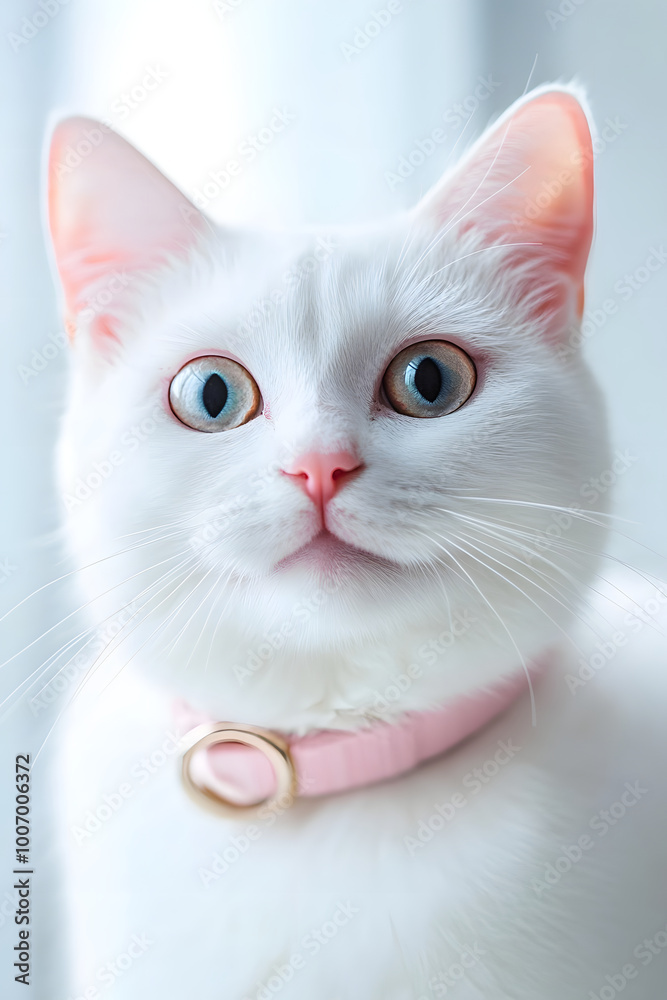 Portrait of white cat with wide eyes and wearing a collar Portrait of white cat with wide eyes and wearing a collar