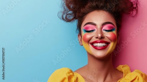 Portrait of a smiling drag performer, concept of pride and self-expression, bold and colorful makeup photo