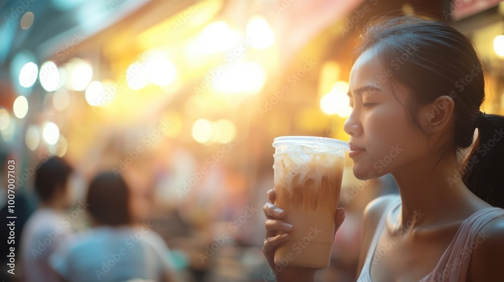 Young woman enjoying iced coffee at a vibrant Thai street market with colorful blurred background. Young woman enjoying iced coffee at a vibrant Thai street market with colorful blurred background.