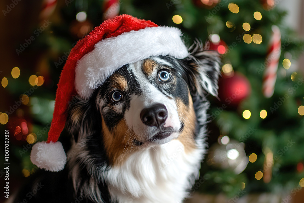 a cute dog with a penetrating look in a Christmas hat near the Christmas tree a cute dog with a penetrating look in a Christmas hat near the Christmas tree