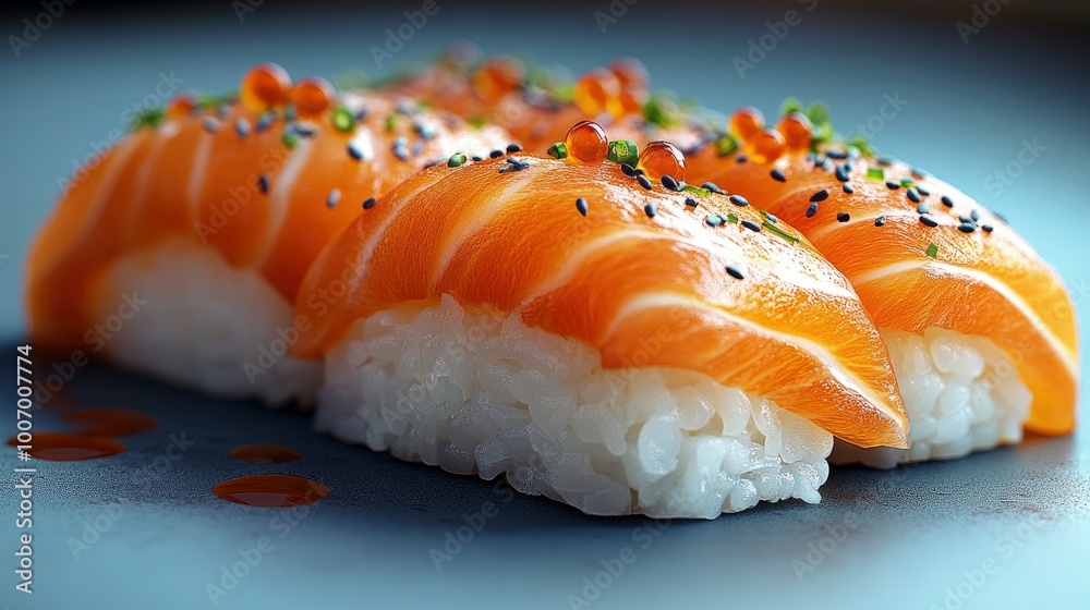 Delicious Salmon Nigiri Sushi with Sesame Seeds and Green Onions Delicious Salmon Nigiri Sushi with Sesame Seeds and Green Onions