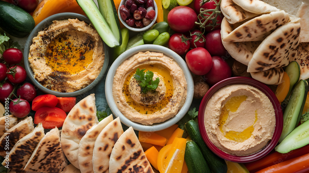 A spread of traditional Arab dips including baba ghanoush, hummus, and labneh, surrounded by fresh vegetables and pita bread.
A spread of traditional Arab dips including baba ghanoush, hummus, and labneh, surrounded by fresh vegetables and pita bread.