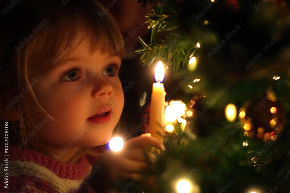 happy little girl with a candle near the Christmas tree