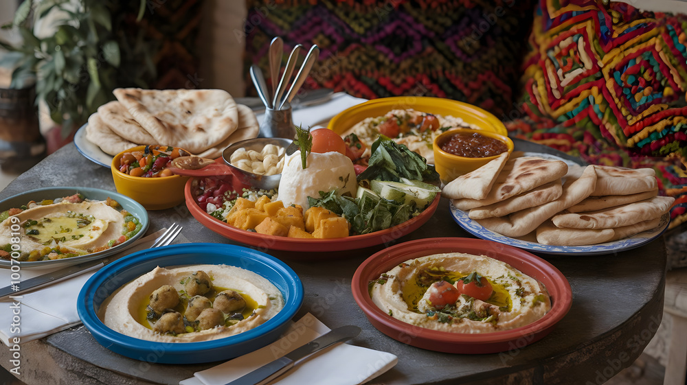A rustic table set with a colorful array of mezze, including labneh, kibbeh, tabbouleh, and hummus, with warm pita on the side.
A rustic table set with a colorful array of mezze, including labneh, kibbeh, tabbouleh, and hummus, with warm pita on the side.
