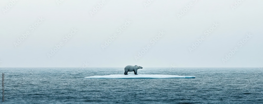 Fototapeta premium Minimalist image of a polar bear on a small ice floe in a vast arctic sea under a clear sky