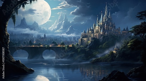 a fantastic landscape with an impregnable castle on top of a mountain near a lake at night under the moonlight