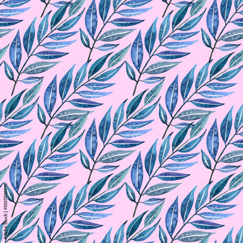 Watercolour blue leaves tropical illustration seamless pattern. On pink background. Hand painted floral. Drawn Botanical. Summer, spring vibes print. For fabric, wallpaper, wrapping. Watercolour blue leaves tropical illustration seamless pattern. On pink background. Hand painted floral. Drawn Botanical. Summer, spring vibes print. For fabric, wallpaper, wrapping.