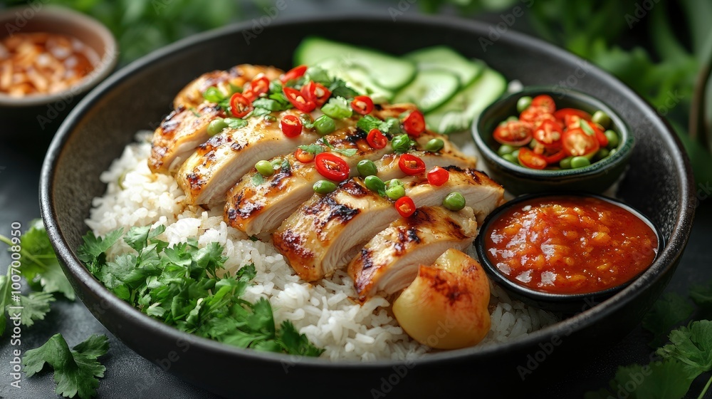 Grilled Chicken with Rice and Chili Sauce Grilled Chicken with Rice and Chili Sauce