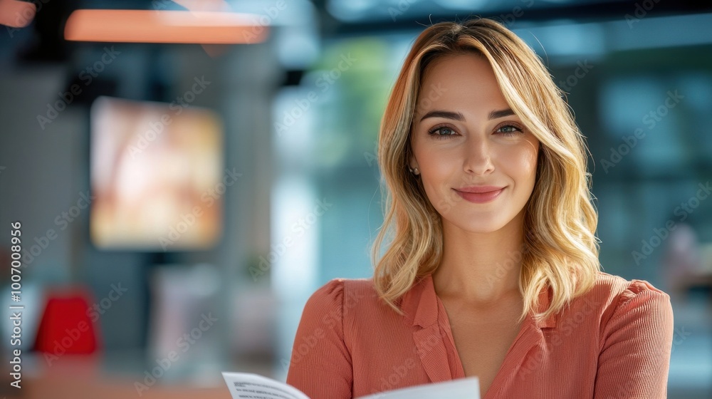 Professional woman smiling confidently in a broadcast studio while holding documents, showcasing a successful career in media or journalism Professional woman smiling confidently in a broadcast studio while holding documents, showcasing a successful career in media or journalism