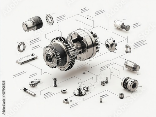 Exploded view of an industrial gearbox with floating annotations on gear ratios, gearbox design, mechanical efficiency