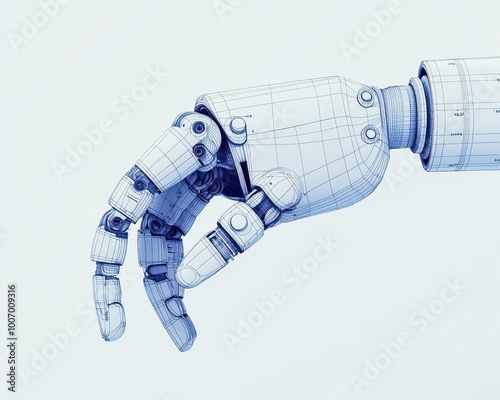 3D model of a mechanical arm with annotations showing its degrees of freedom and movement range, mechanical arms, kinematics photo