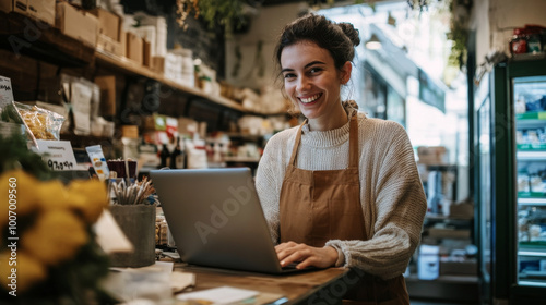 Happy small business entrepreneur working on a laptop in their store, managing their business with enthusiasm and joy