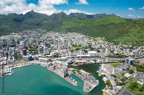 Fototapeta Naklejka Na Ścianę i Meble -  Aerial view: Waterfront of Port Louis, Mauritius island