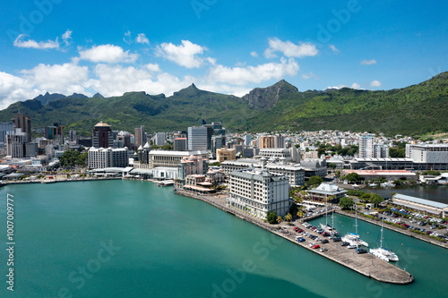 Aerial view: Waterfront of Port Louis, Mauritius island