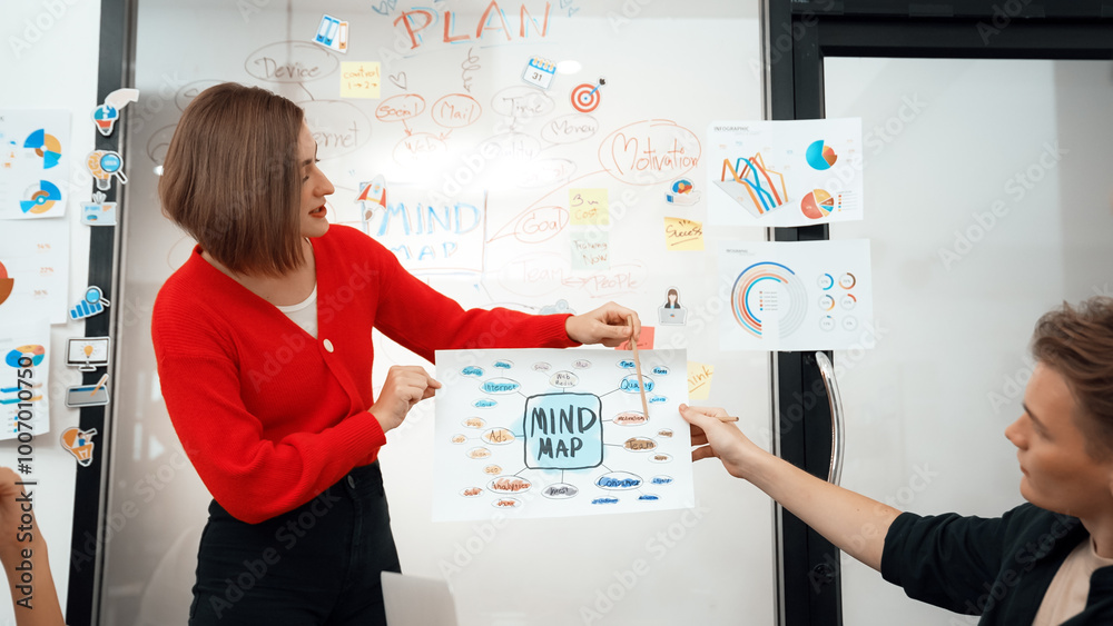 Professional young leader present business idea by using mind map at business meeting surrounded by professional cooperate colleague discussing and brainstorming about her strategy. Immaculate.