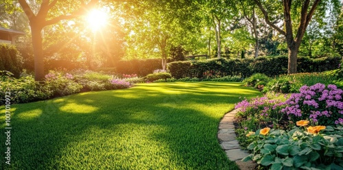 A sunny day in a backyard with a green lawn and a tree in the background. Man providing professional lawn care and landscaping services. Concept Lawn Care, Landscaping, Gardening,