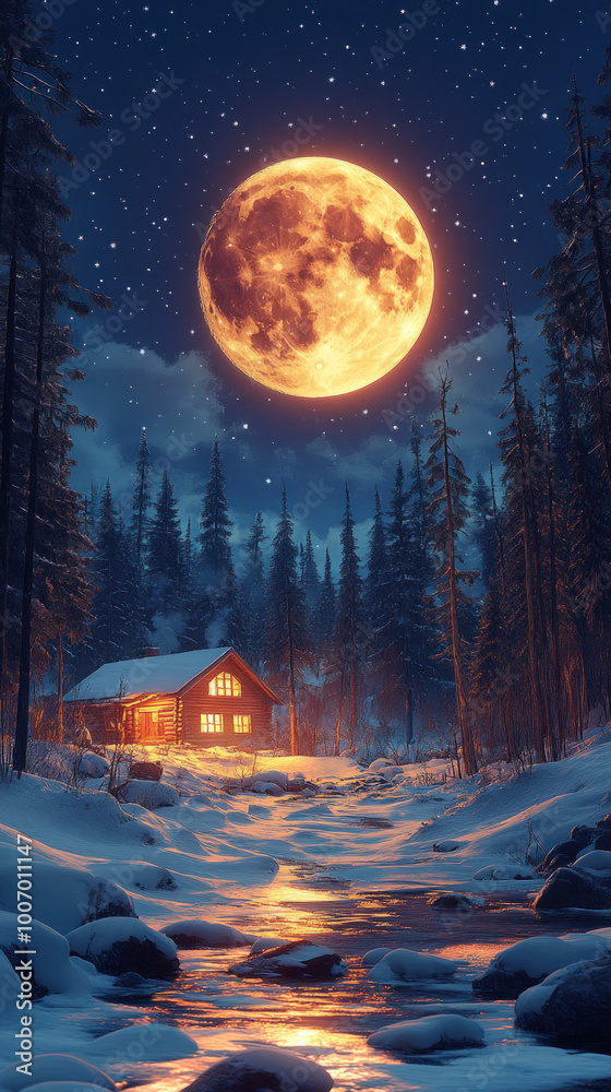 serene night scene featuring a full moon illuminating a snowy landscape with silhouetted fir trees and a cozy cabin, perfect for a peaceful smartphone wallpaper serene night scene featuring a full moon illuminating a snowy landscape with silhouetted fir trees and a cozy cabin, perfect for a peaceful smartphone wallpaper