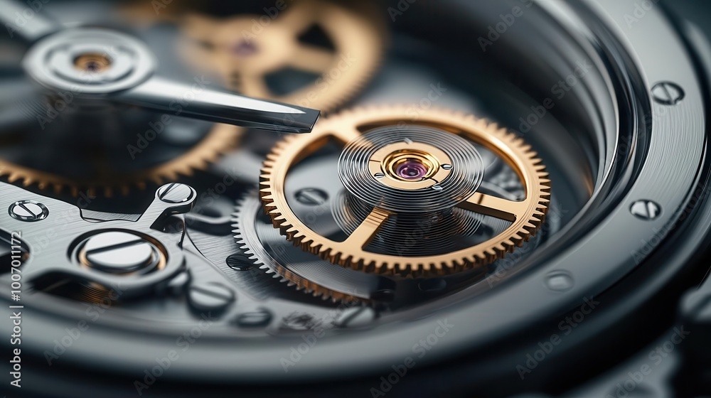 Fototapeta premium Close-up of precision gears in a watch mechanism, highlighting micro-mechanical engineering, watch mechanics, precision design