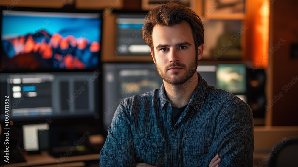 Fototapeta premium Voice-over artist in a bustling studio, focused on recording