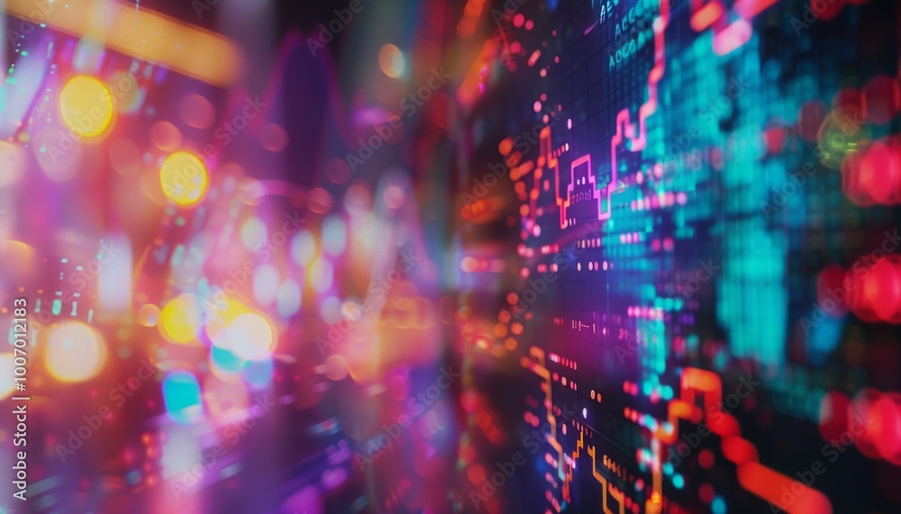 A digital display showing financial data such as stock market charts, graphs and numbers. The background is blurred with an abstract design. In the foreground there's a closeup of one graph or chart s A digital display showing financial data such as stock market charts, graphs and numbers. The background is blurred with an abstract design. In the foreground there's a closeup of one graph or chart s
