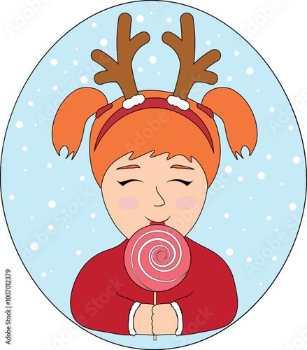 Cute cartoon reindeer girl with lollipop. Vector illustration