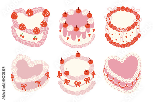 Vintage Cake Pink Tone Vector Illustration with Cherries, Strawberry, Whipped Cream, Coquette Ribbon and Heart