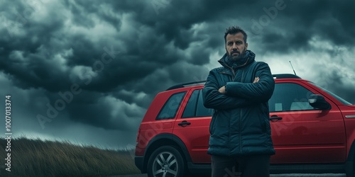 Storm chaser observing a brewing storm near his vehicle