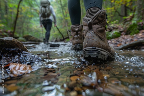 Hikers trekking across a stream, close-up of boots in motion in a lush forest