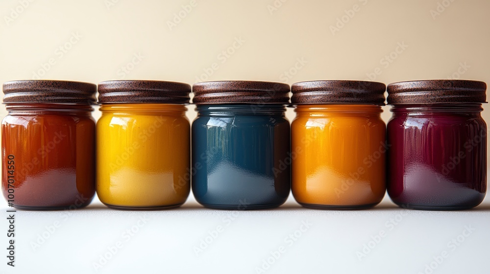 Row of Colorful Candles in Glass Jars with Wooden Lids Row of Colorful Candles in Glass Jars with Wooden Lids