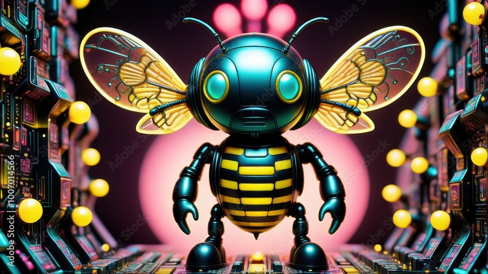 A futuristic robot bee with glowing features in a vibrant, tech-inspired environment. A futuristic robot bee with glowing features in a vibrant, tech-inspired environment.