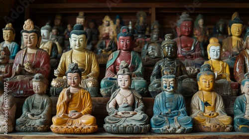 A collection of Tibetan Buddhist statues in a monastery, each one representing a different deity or bodhisattva